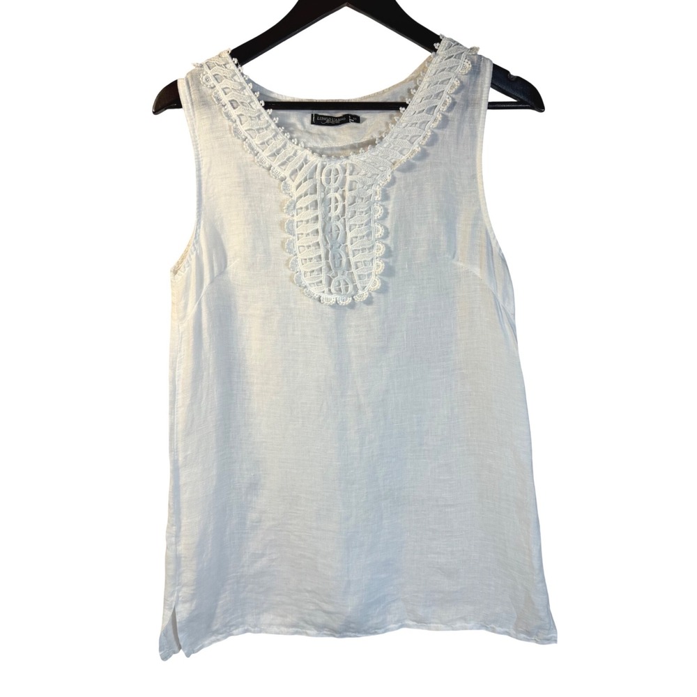 Lungo L'Arno White 100%‎ Linen Crochet Lace Sleeveless Top Made in Italy Size S
